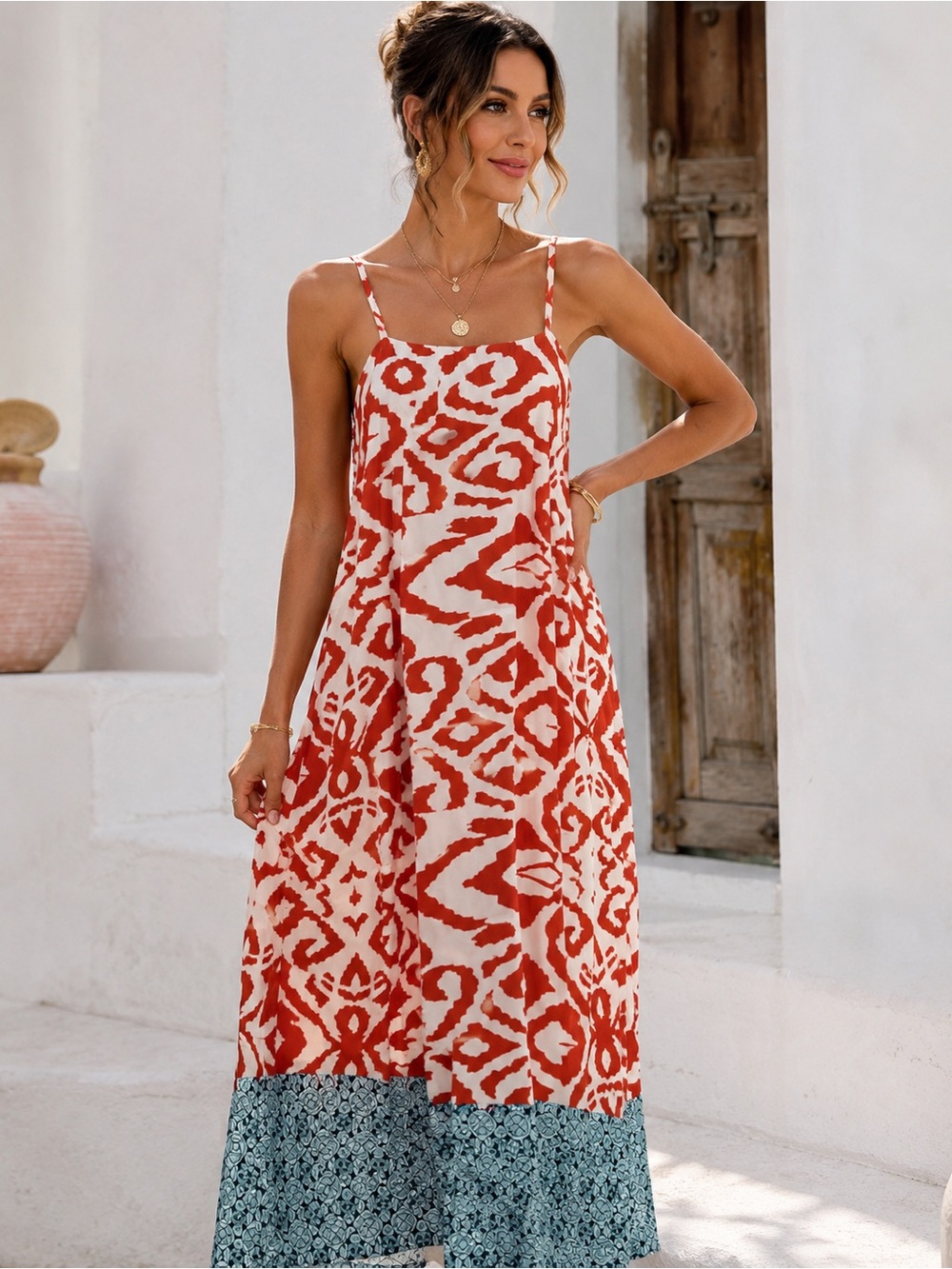 Cupshe Boho Abstract Print Maxi Dress Spaghetti Strap Resort Dress - Picture 2 of 2